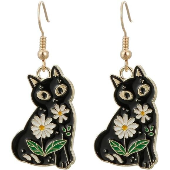 Adorable Black Cat Dangle Earrings - Cute Flower Jewelry Gift for Cat Lovers - Picture 1 of 5